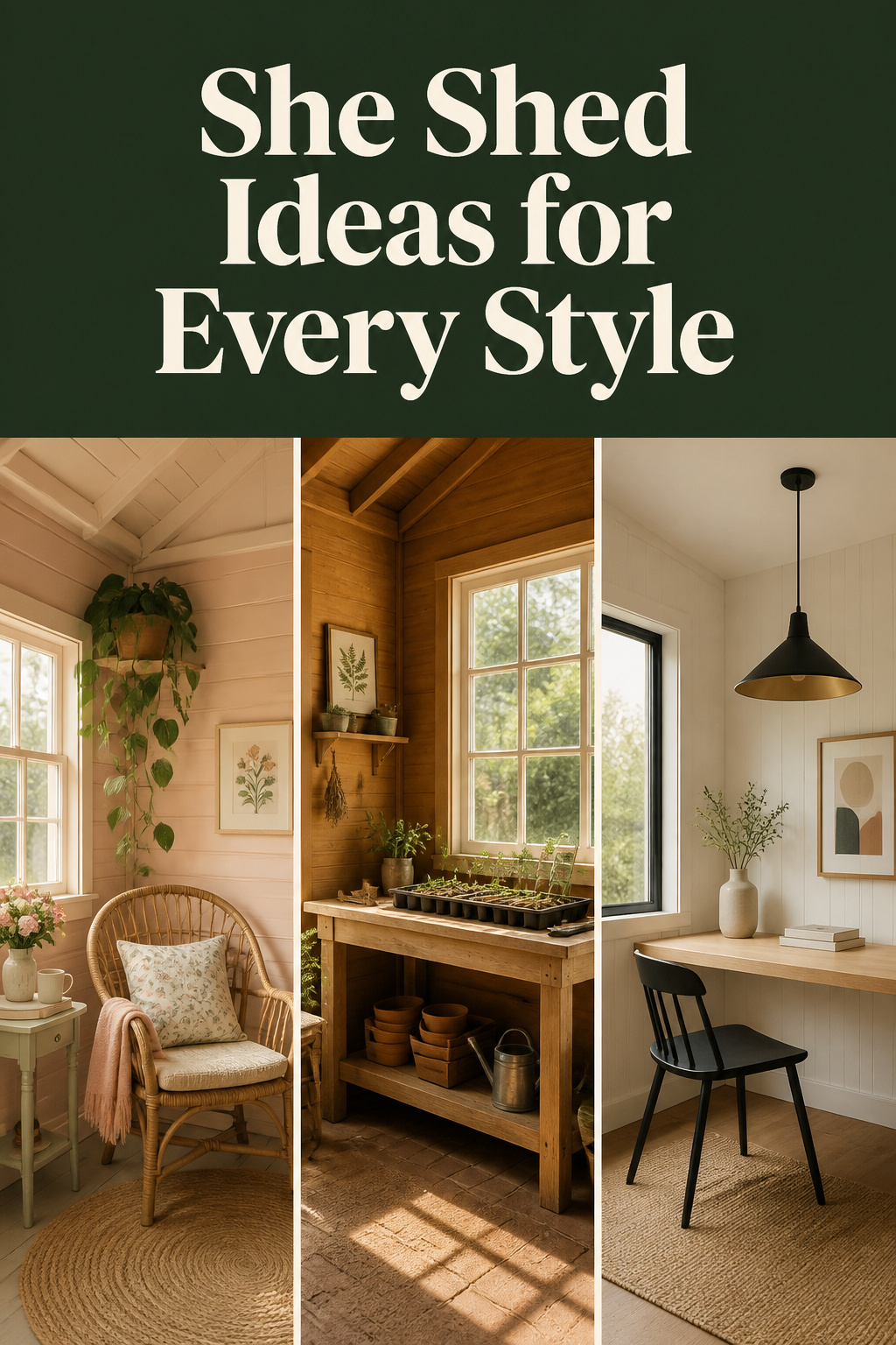 Three she shed style panels — cottage, garden naturalist, and modern minimal — with a forest-green headline band