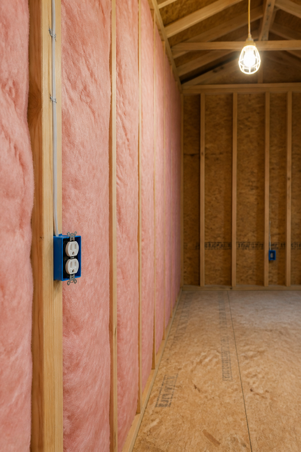 R-13 fiberglass batt insulation installed in the stud bays of a she shed wall, with an outlet box and wire run visible, awaiting drywall or plywood sheathing