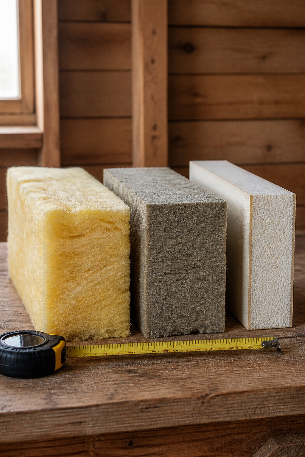 Three shed insulation samples on a timber bench: yellow fiberglass batt, dense grey Rockwool batt, and white rigid foam board showing cell cross-section