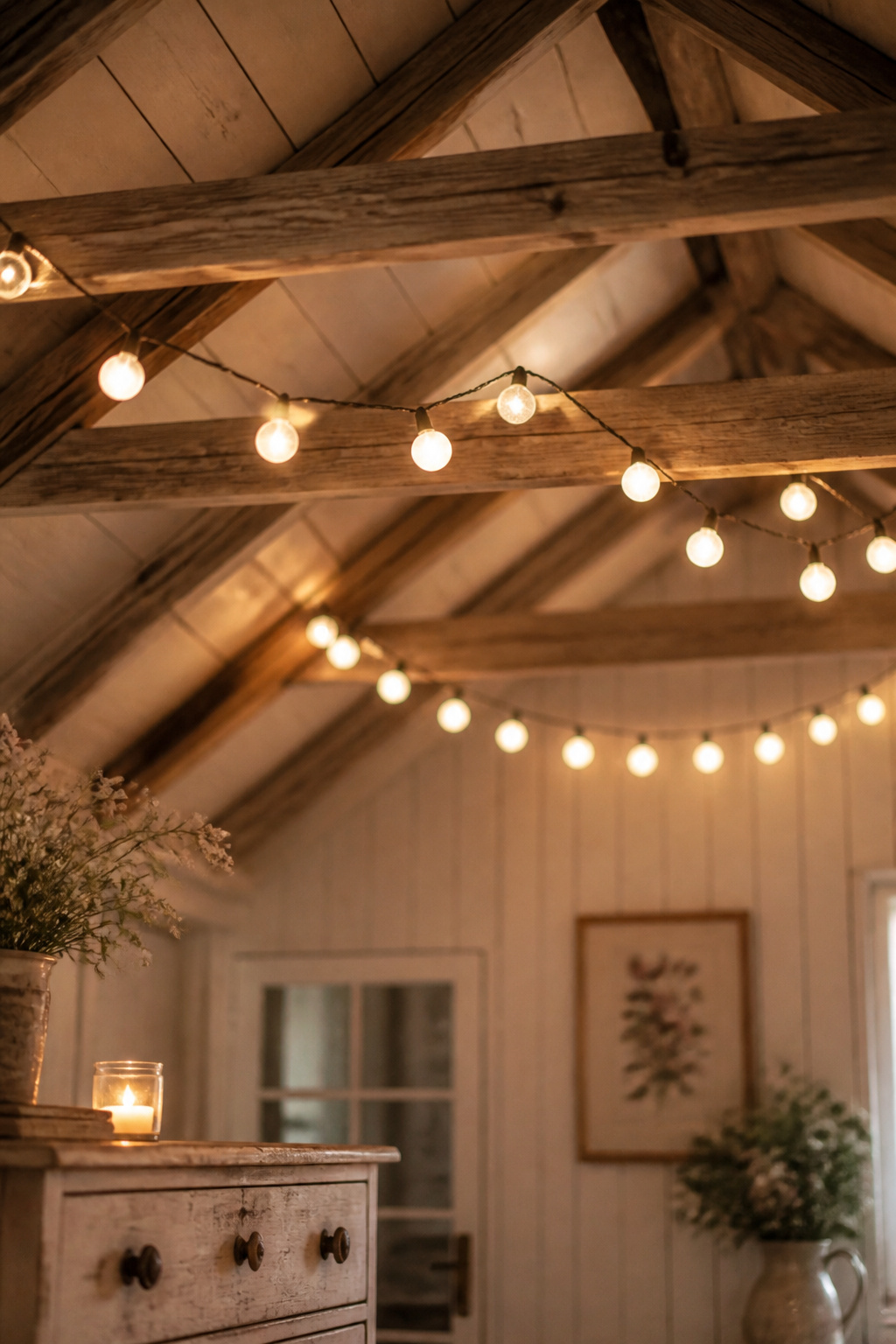 She shed interior ceiling with warm globe string lights draped between exposed timber rafters above a vintage dresser