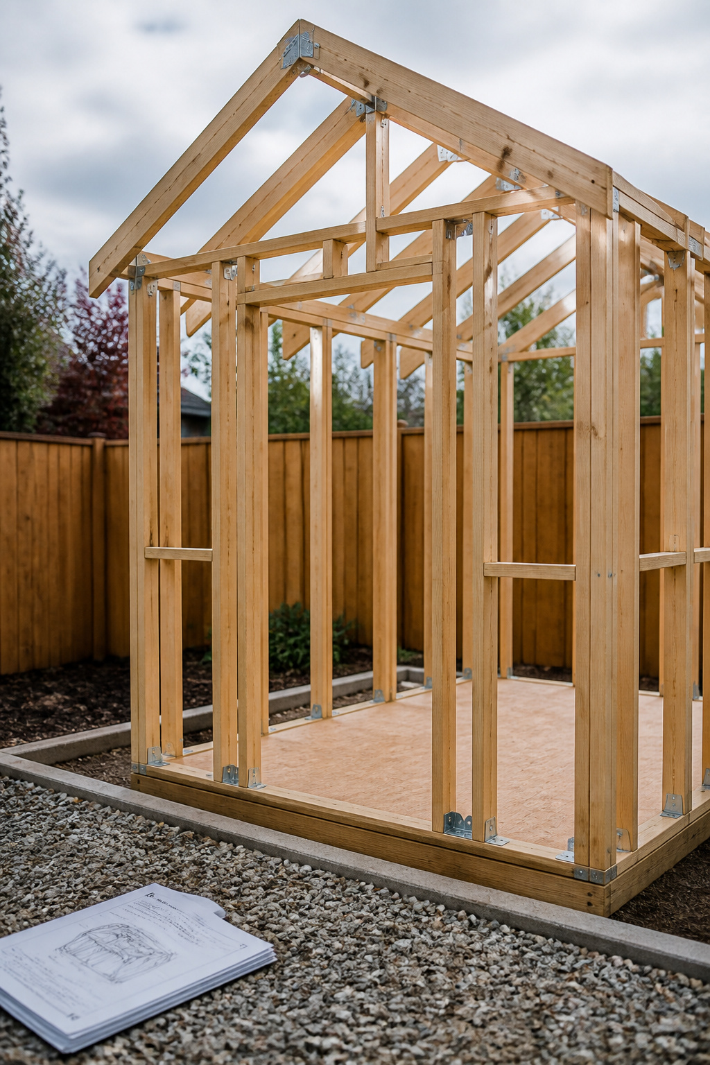 Freshly framed she shed shell showing exposed timber studs and roof rafters on a gravel pad
