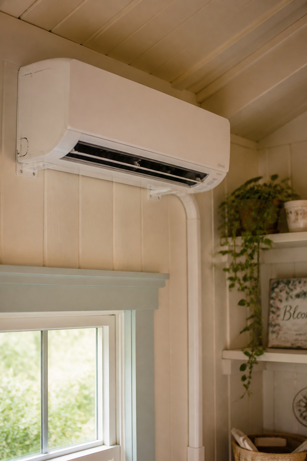 White ductless mini-split head unit mounted high on the interior wall of an insulated she shed with neat refrigerant line set