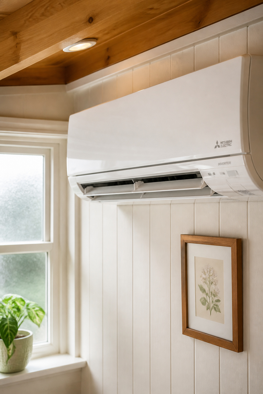 White ductless mini-split unit mounted on tongue-and-groove interior wall of an insulated she shed