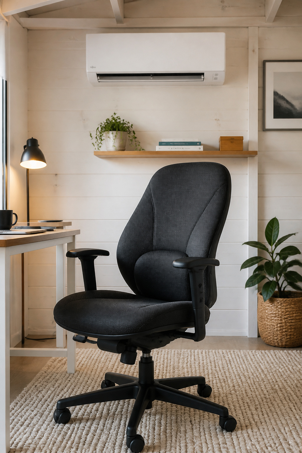 Wall-mounted mini-split and ergonomic task chair in a she shed office interior with pale timber walls and natural rug