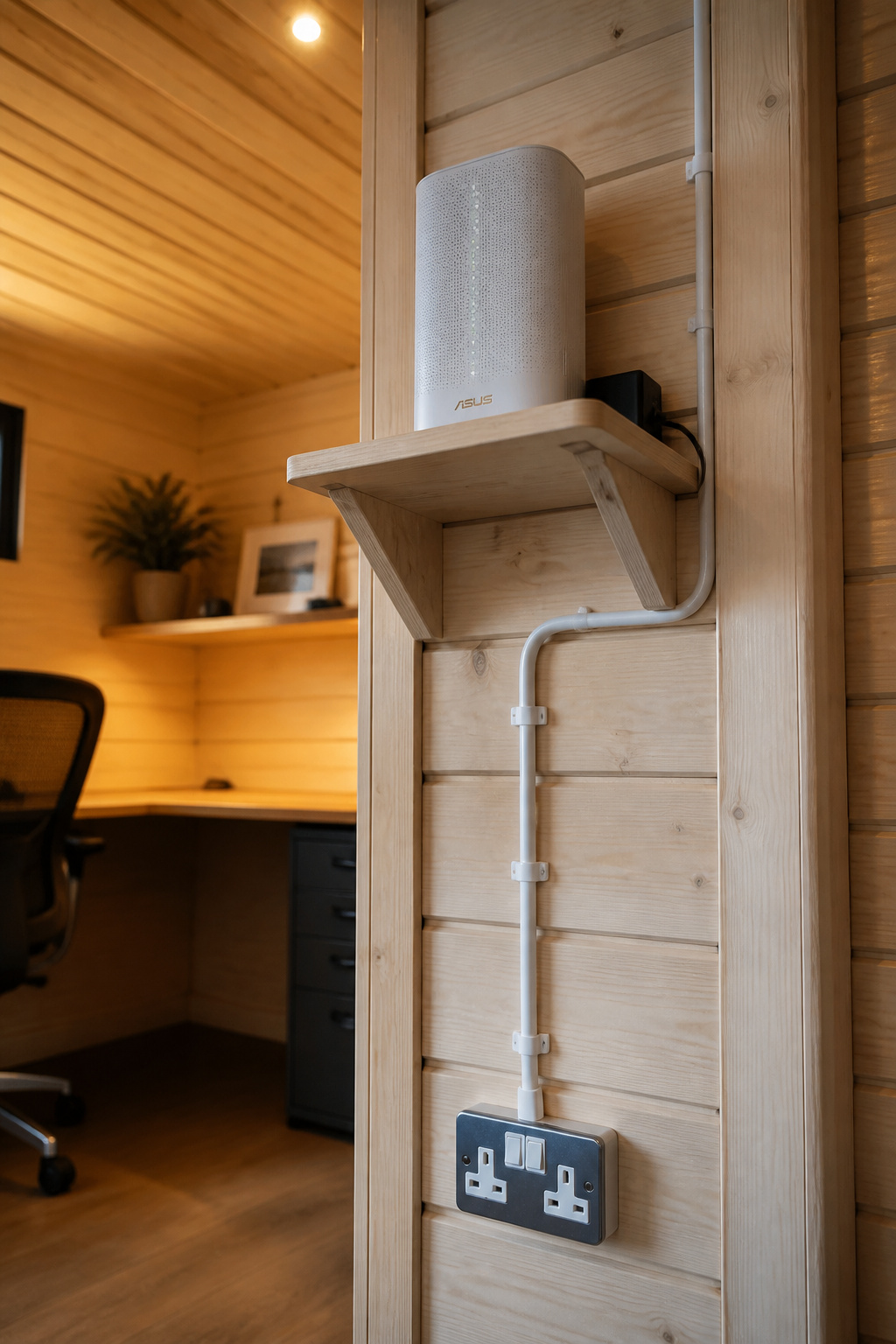 Floating shelf in a she shed office holding a mesh Wi-Fi router with tidy white cable management on timber-clad walls