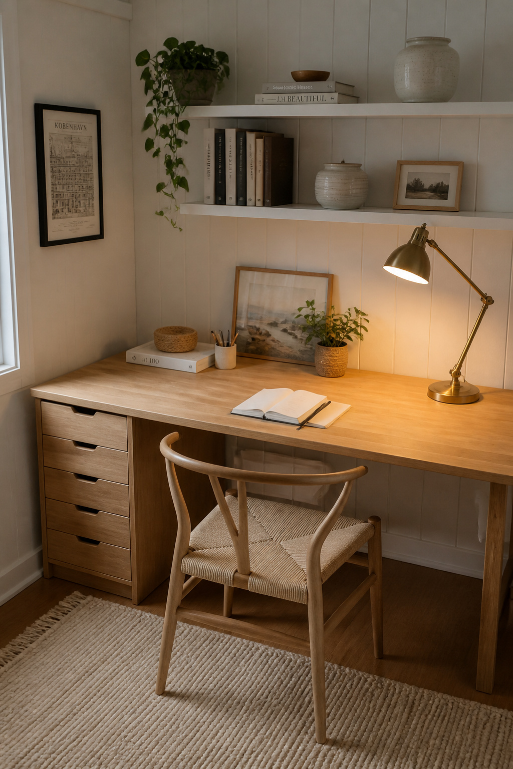 She shed office wall with two floating shelves styled with plants and books above a clear natural-wood desk lit by a warm task lamp