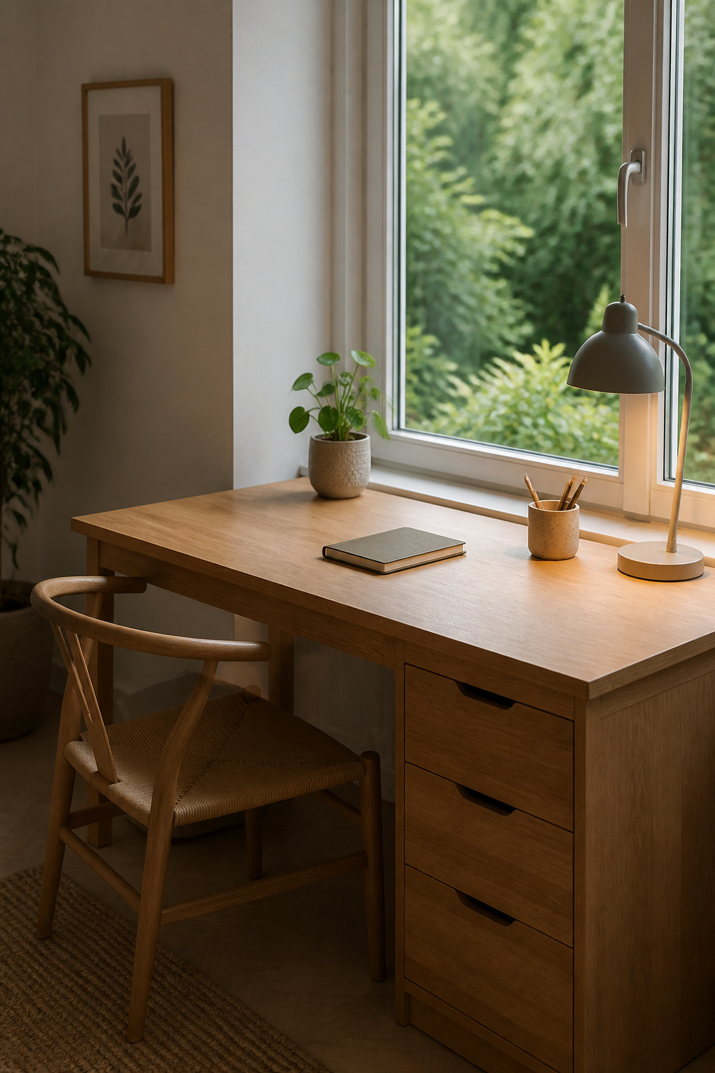 Natural oak desk positioned perpendicular to a casement window in a she shed office, with morning garden light entering from the side