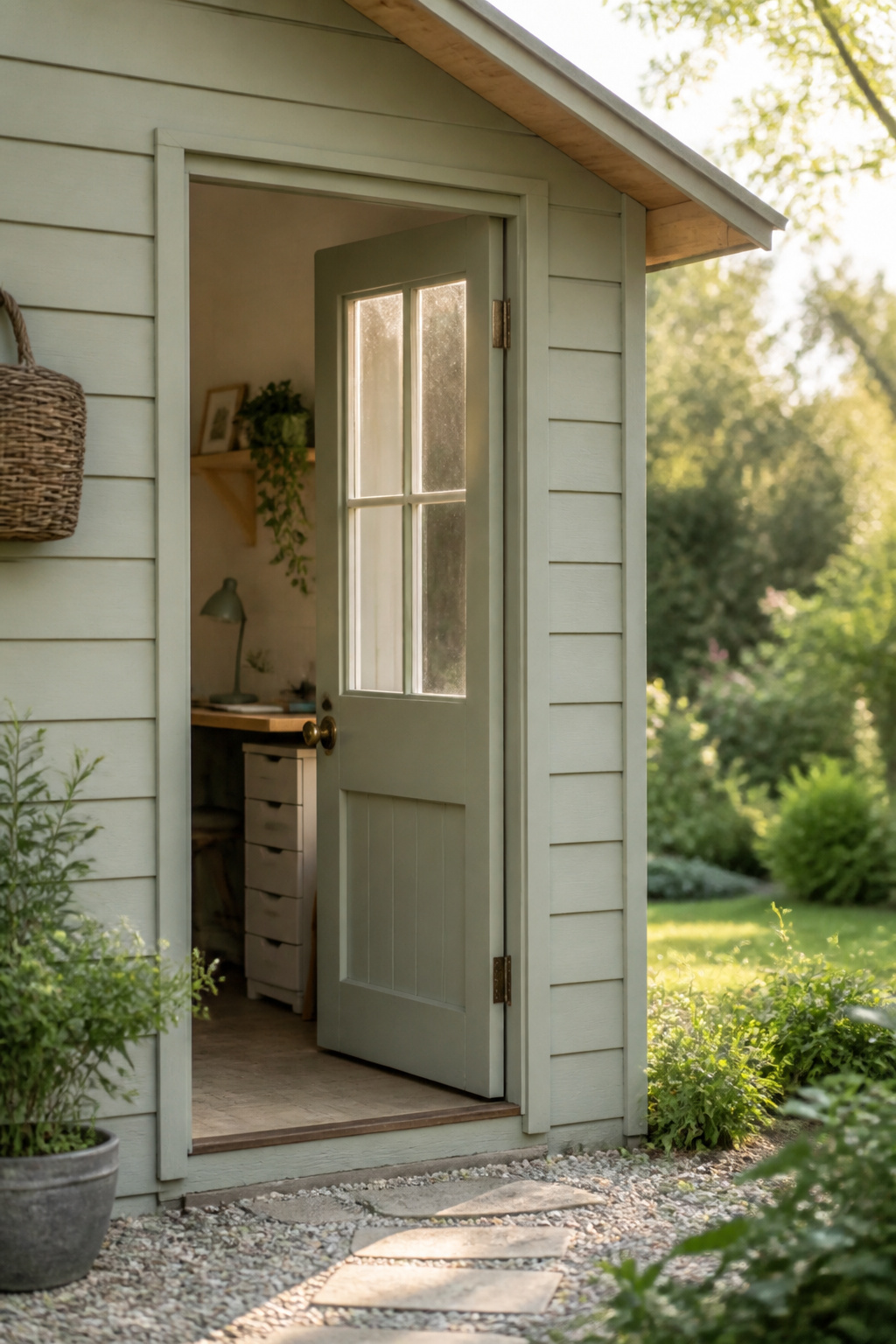 Pale-painted she shed office exterior with half-glazed door ajar showing a desk inside, set at the end of a gravel garden path