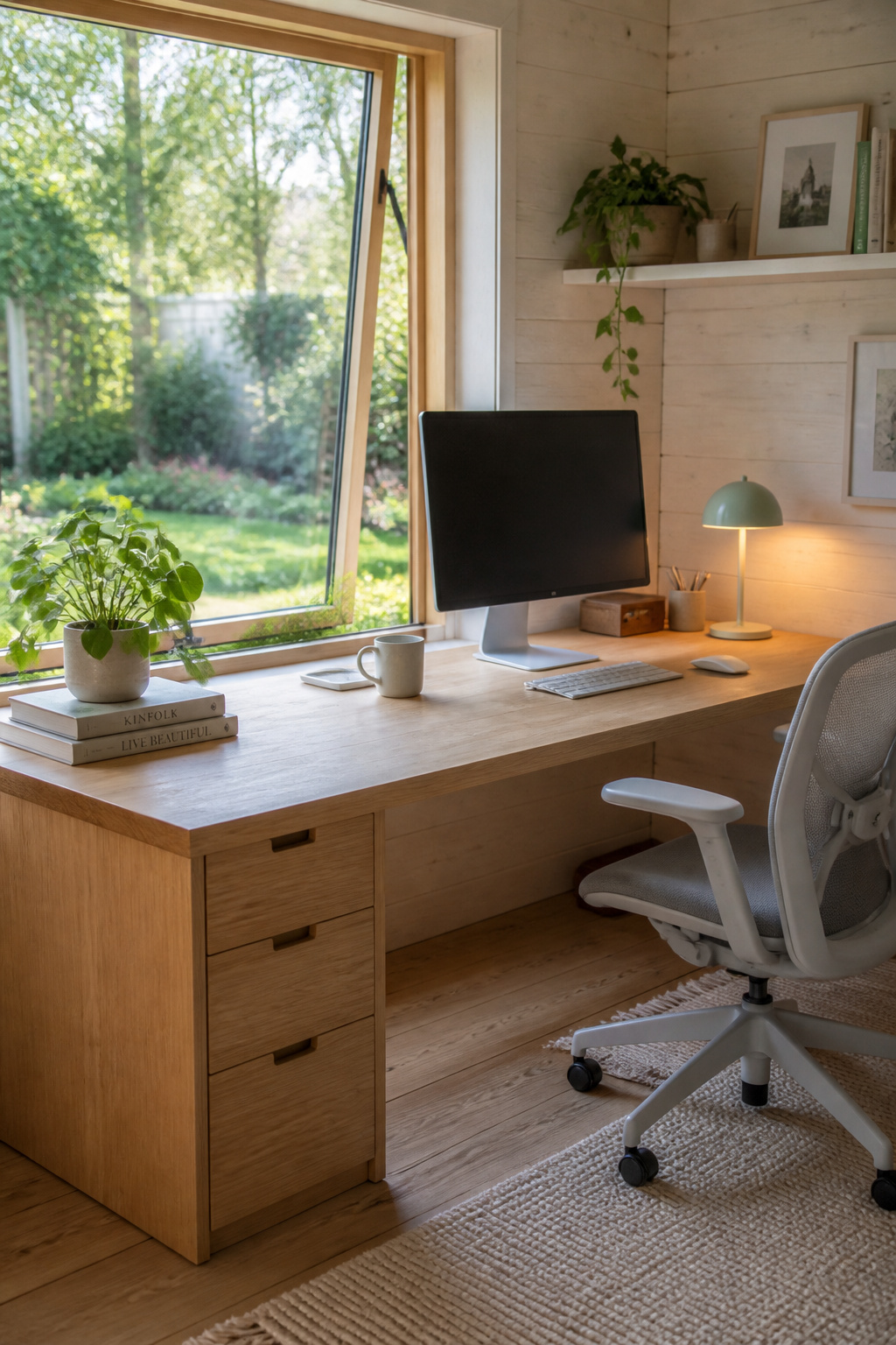 She shed office interior with a wooden desk perpendicular to a casement window overlooking a summer garden