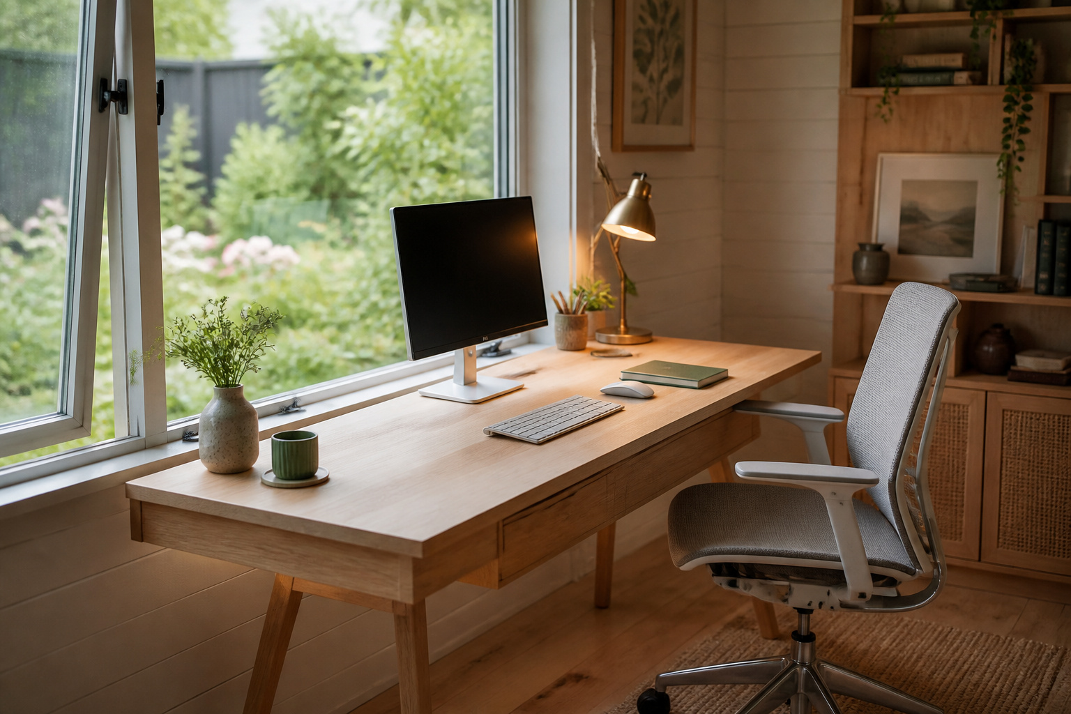 She shed office interior with a wooden desk perpendicular to a casement window overlooking a summer garden