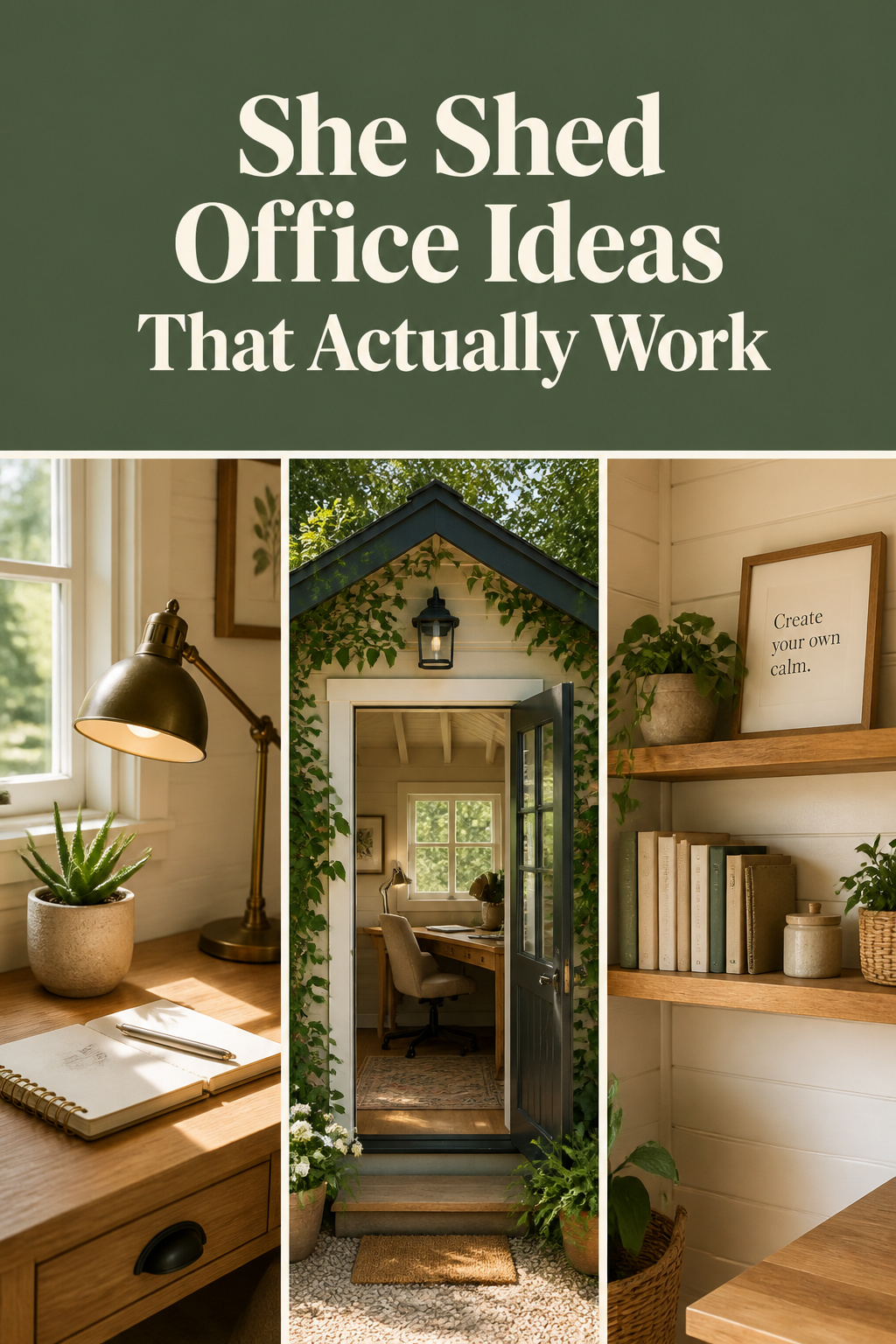 Three she shed office detail panels — desk with task lamp, open shed exterior, and floating shelf — with a sage-green headline band