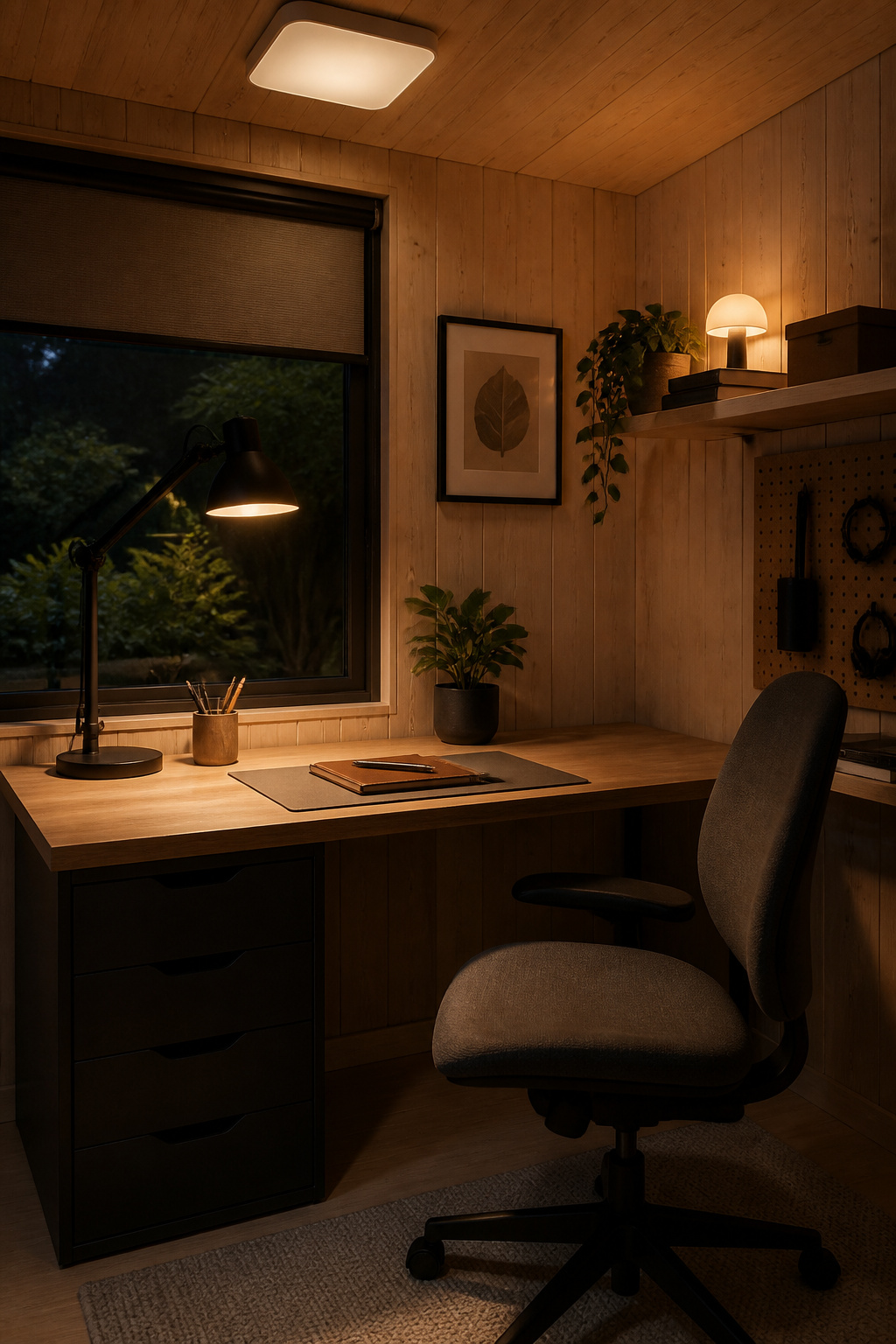 She shed office desk at dusk with three layers of LED lighting — task lamp, ambient panel, and warm accent shelf lamp