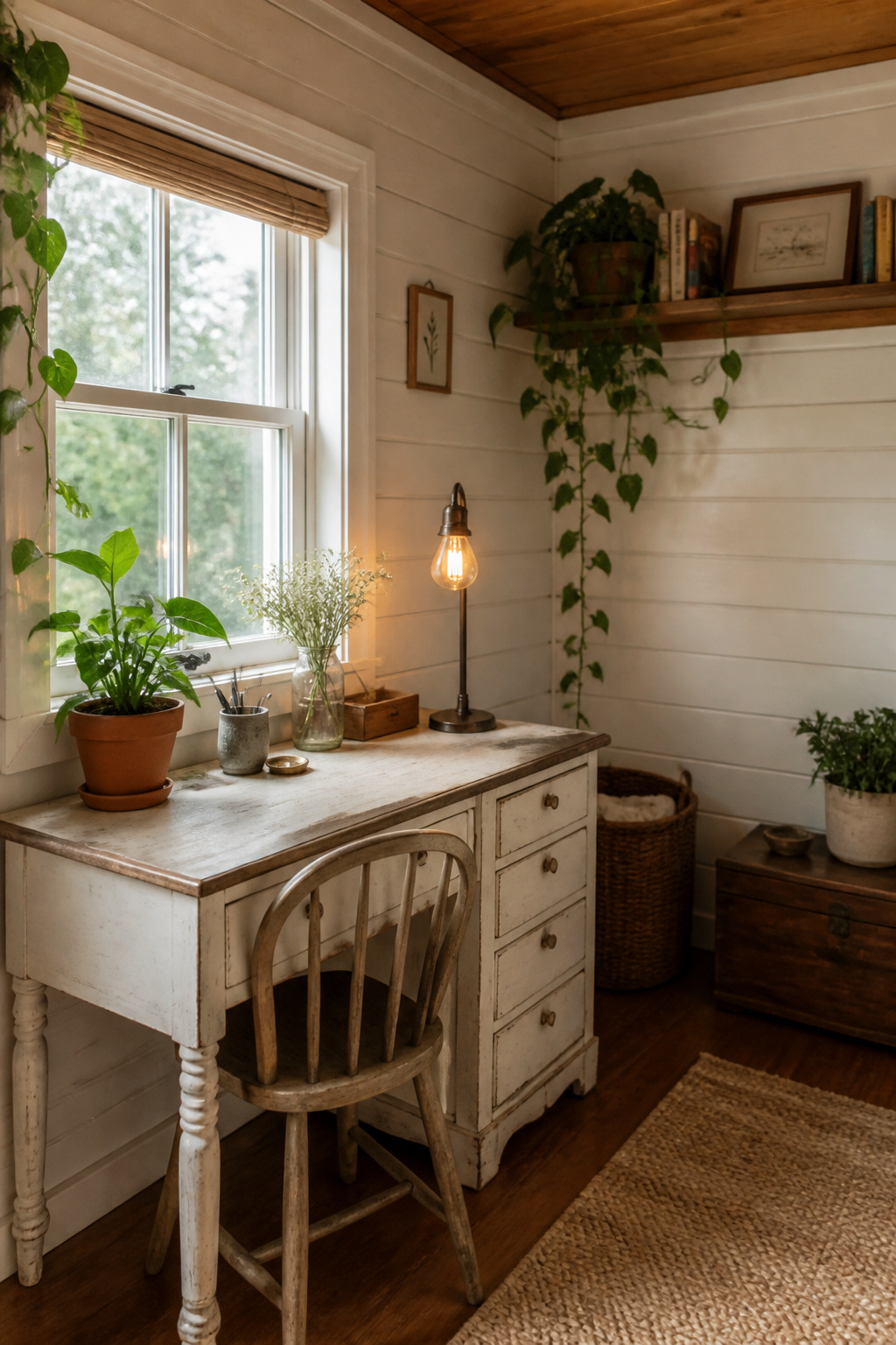 White-painted she shed interior with a thrifted desk under a window, jute rug and potted plants on floating shelves