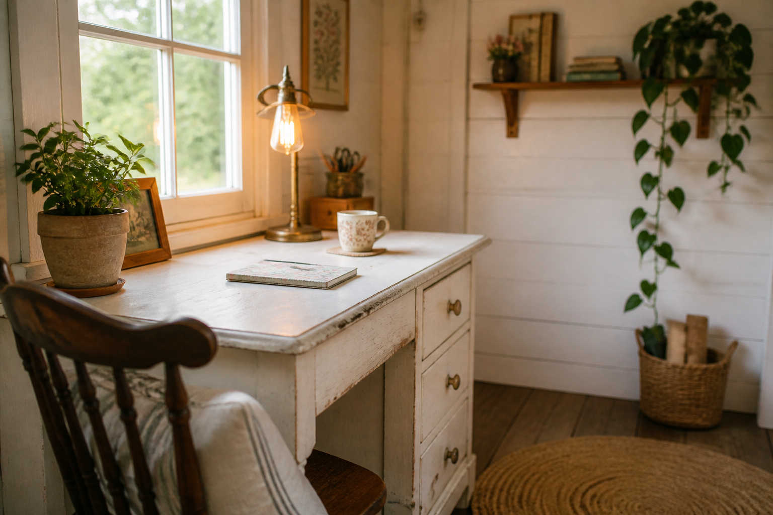 White-painted she shed interior with a thrifted desk under a window, jute rug and potted plants on floating shelves