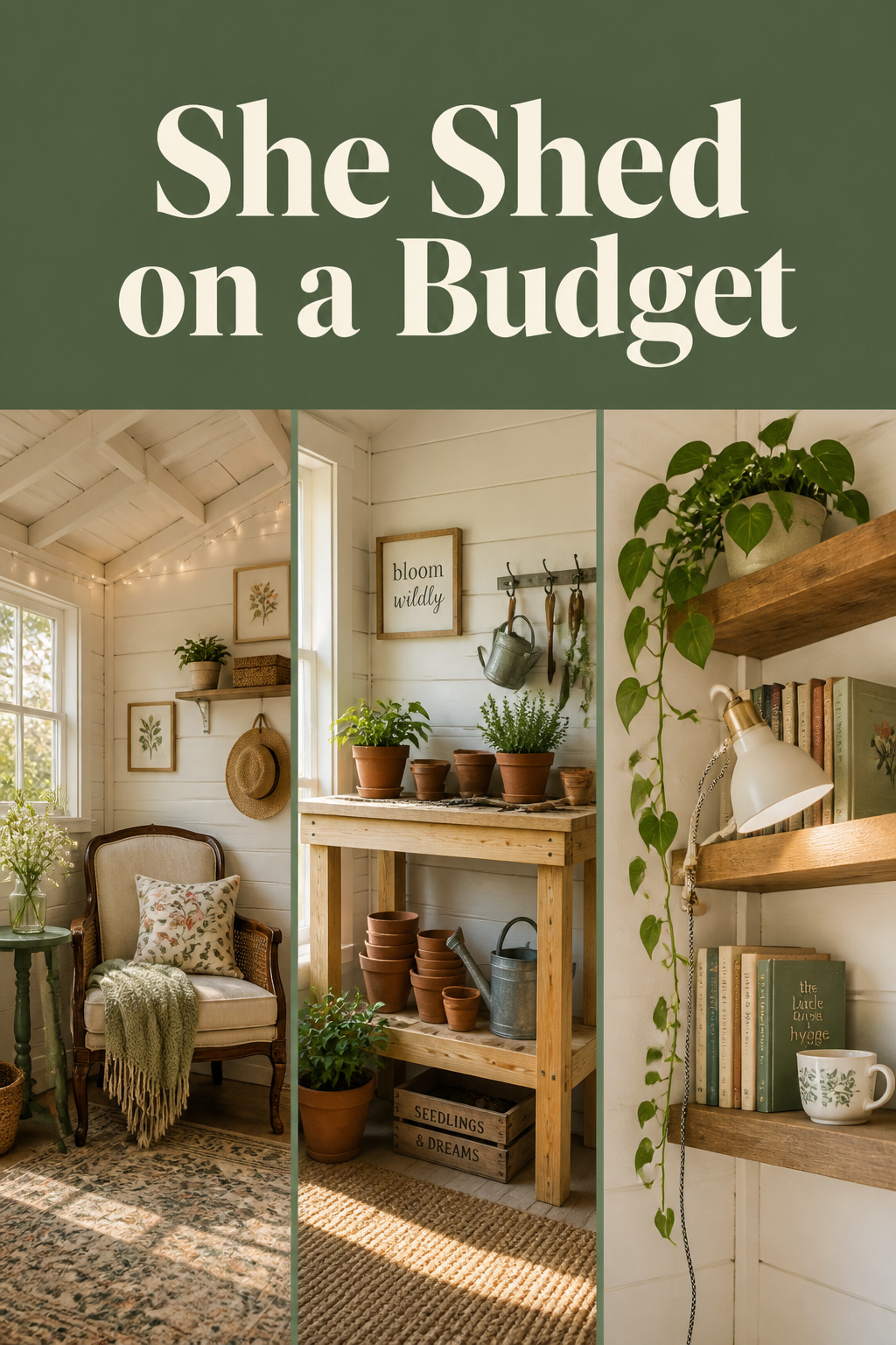 Three-panel Pinterest collage showing budget she shed ideas: thrifted chair with fairy lights, DIY potting bench, and floating shelves with plants