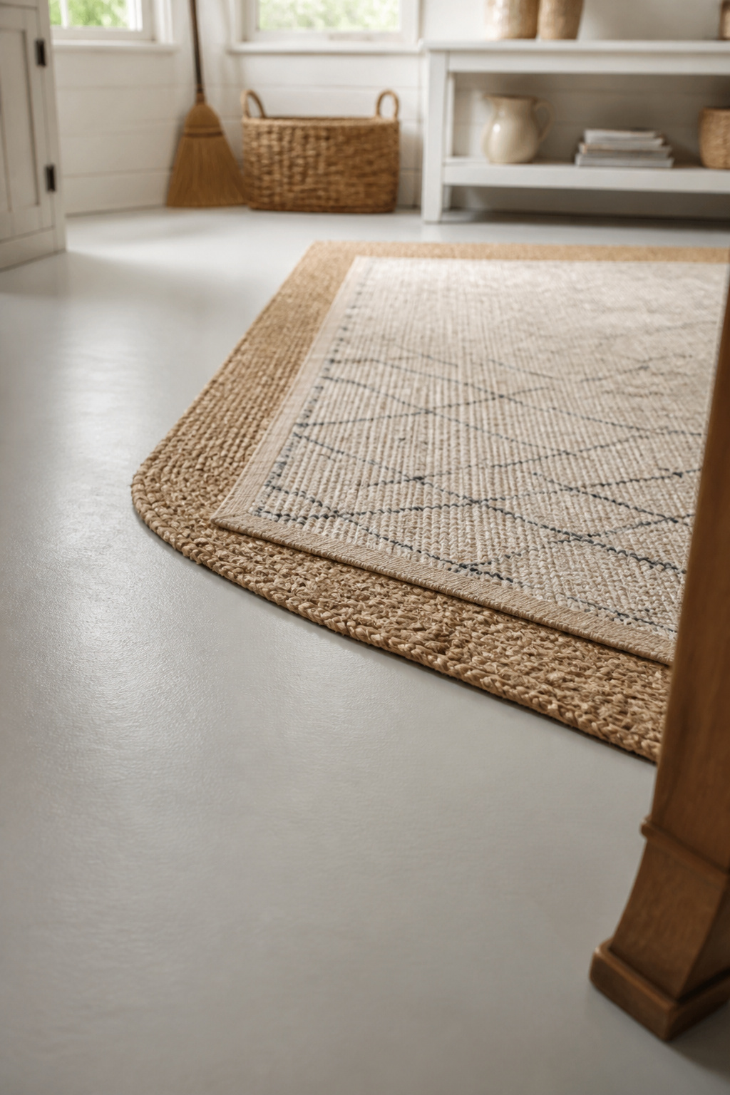 A smooth grey-white painted shed floor with layered jute rugs and a white-painted shed wall in background