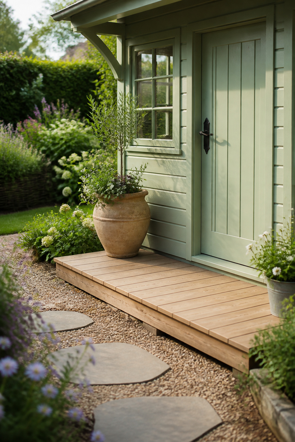 Timber deck landing at the entry of a painted she shed with a terracotta urn and gravel path approaching through summer planting