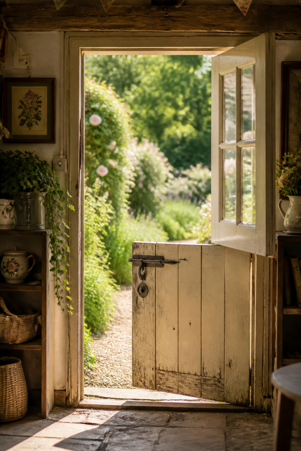 Open Dutch door of a sage-green she shed framing a view of a sunlit summer garden
