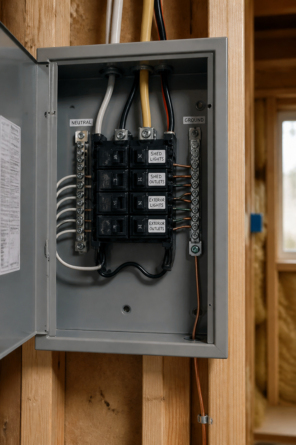 A small residential electrical subpanel with four circuit breakers, neutral bar, and ground bar, professionally wired and mounted inside a she shed stud wall