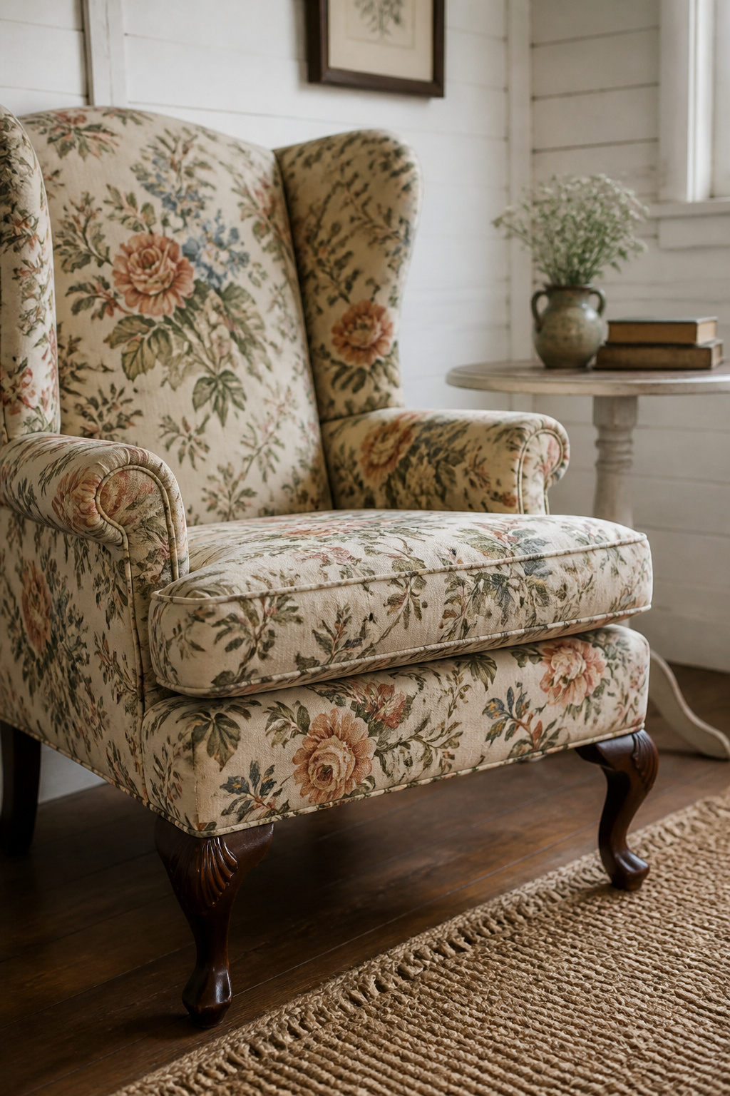 A vintage floral wingback armchair in a white she shed corner, on a jute rug with a side table