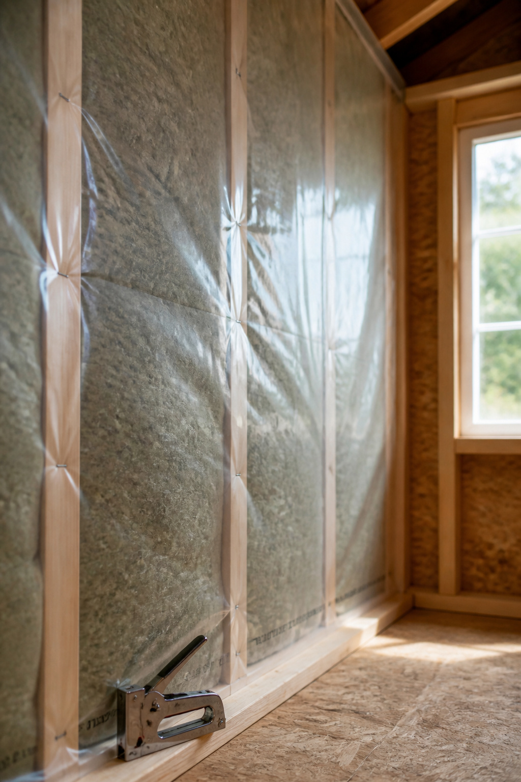 Translucent polyethylene vapour barrier sheet stapled over Rockwool insulation batts inside a she shed wall cavity ready for panelling