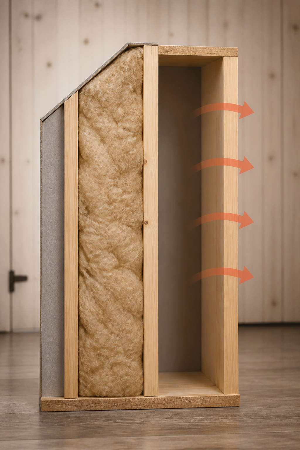 Cut-away view of a 2x4 shed wall showing an insulated stud bay beside an empty uninsulated bay to illustrate heat loss