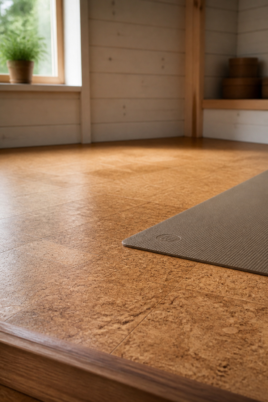 Close-up of warm honey cork floor tiles with the corner of a rolled yoga mat in a small she shed studio