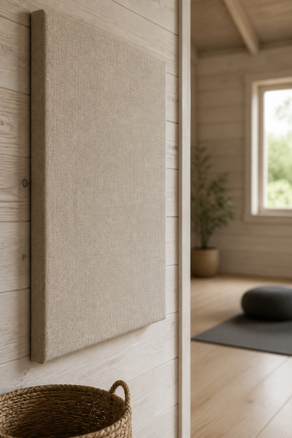 Natural linen-wrapped acoustic panel on a white-washed timber wall inside a she shed yoga studio