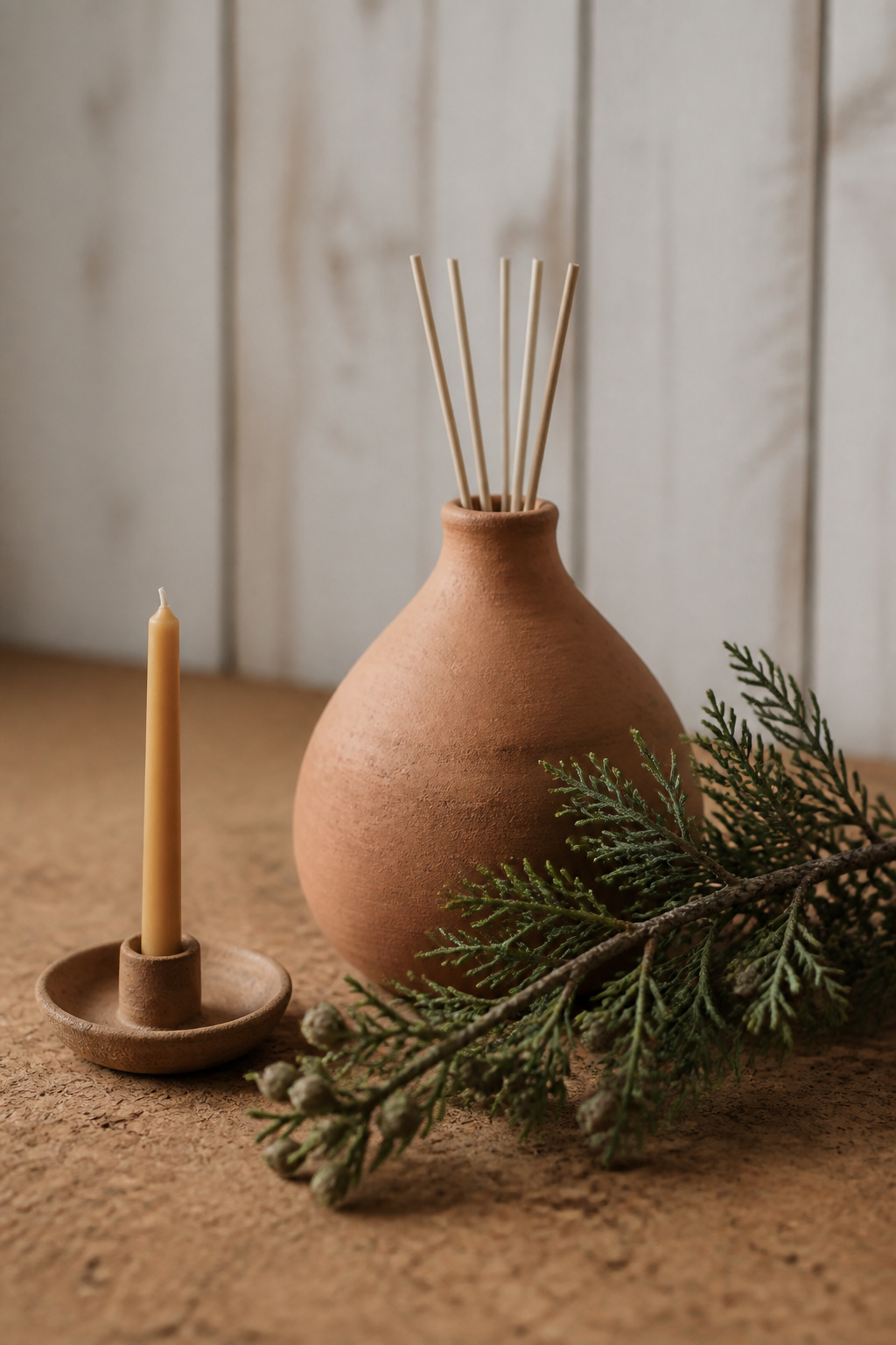 An unglazed terracotta essential oil diffuser with a cedarwood branch and a beeswax taper on a cork floor in a she shed yoga studio