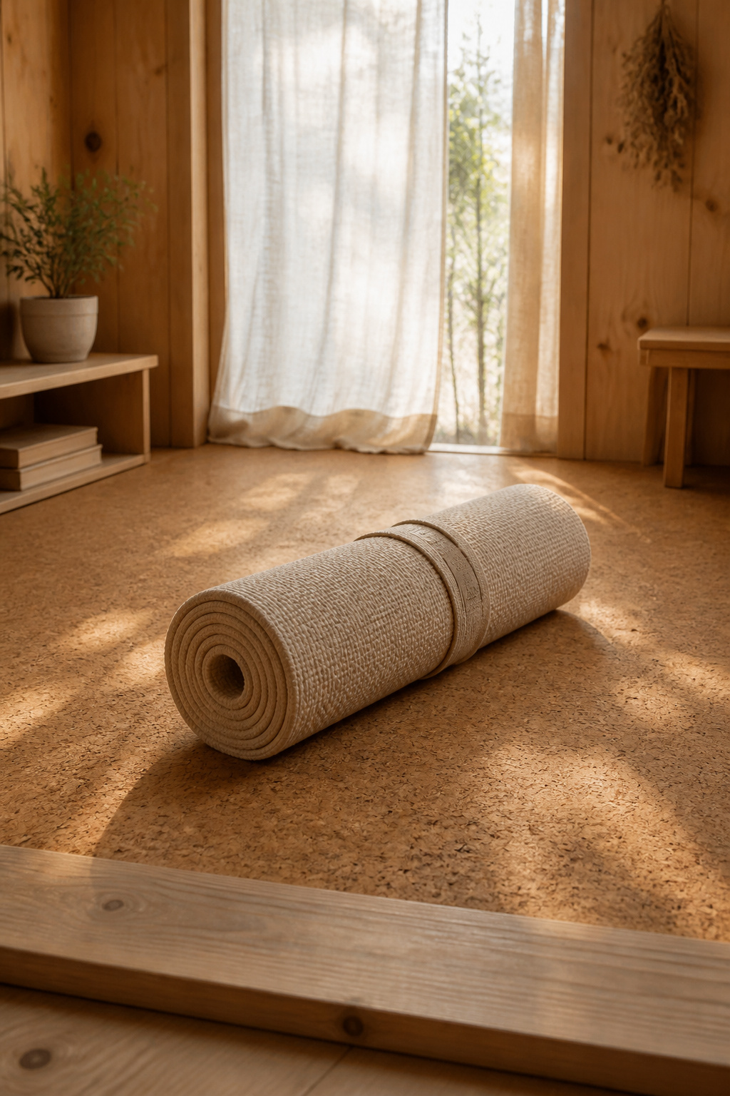 Empty she shed yoga studio with cork flooring, a rolled yoga mat and morning light filtering through a sheer linen curtain