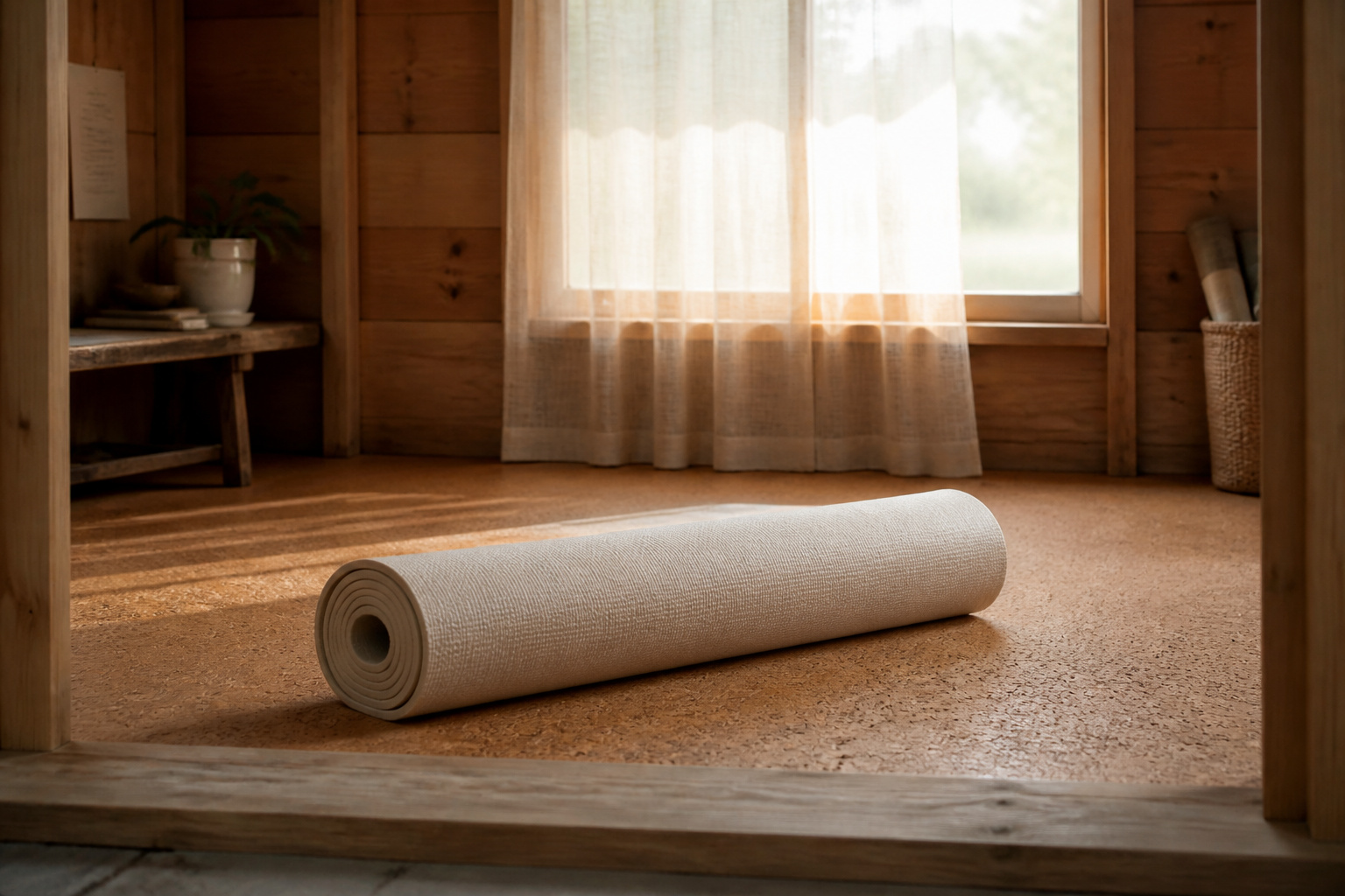 Empty she shed yoga studio with cork flooring, a rolled yoga mat and morning light filtering through a sheer linen curtain