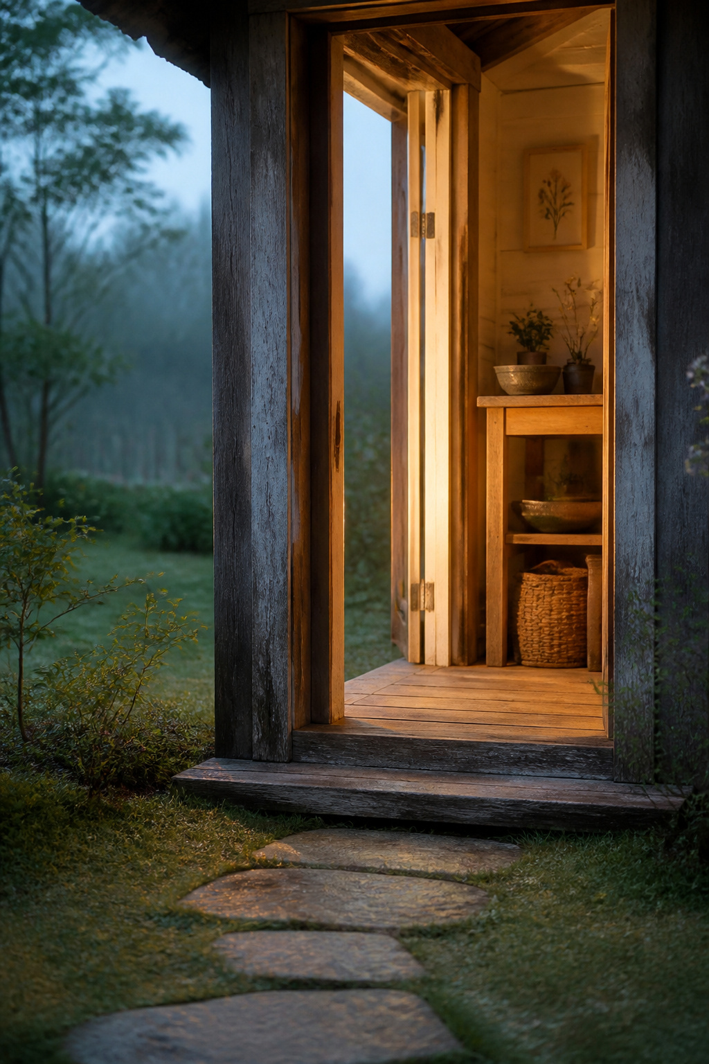 Open doorway of a small timber she shed yoga studio with warm interior light and a stone path at dawn