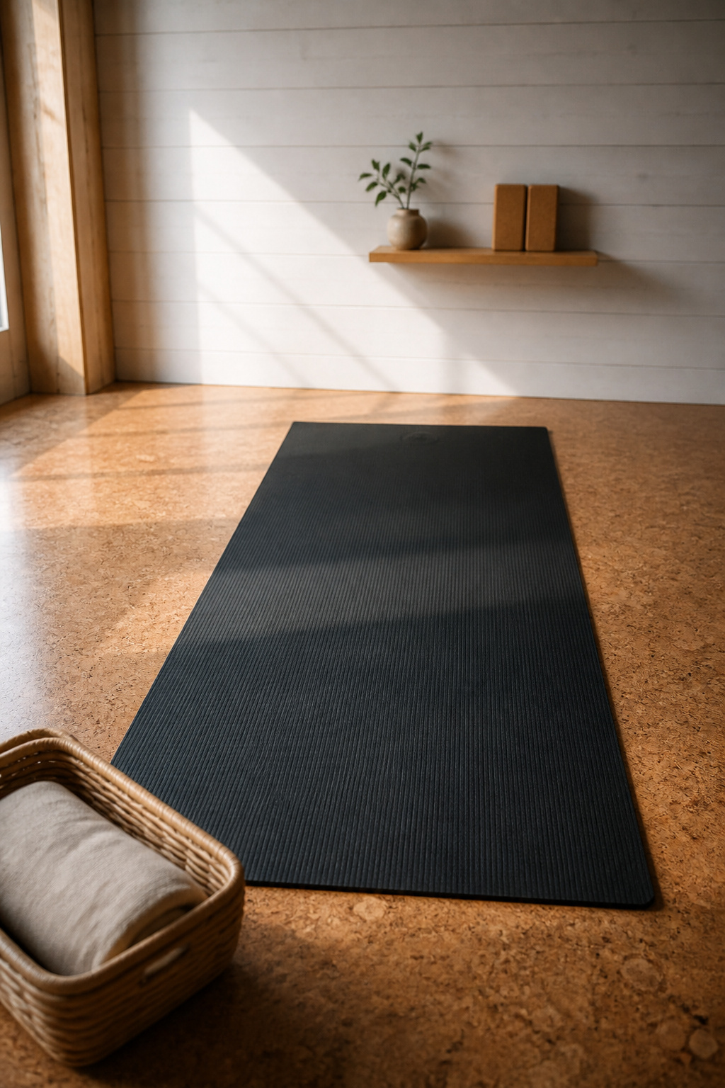 Empty she shed yoga studio with an unrolled yoga mat on cork flooring, morning light from an east window and a small prop corner with a wicker basket