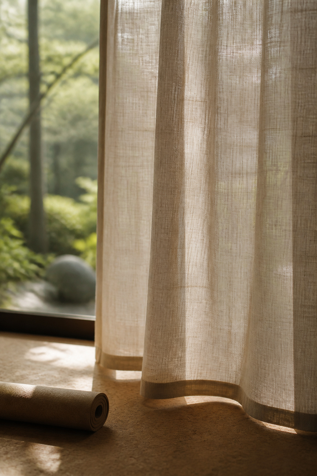 Sheer natural linen curtain filtering morning sunlight across a small she shed yoga studio interior with cork flooring