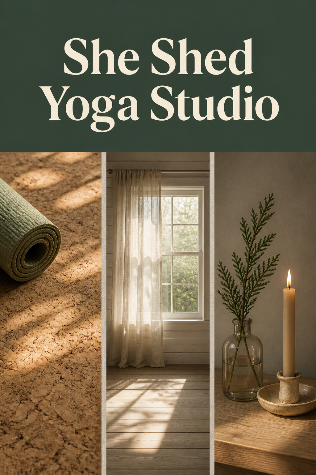 Pinterest pin collage showing cork flooring, a diffused-light shed window and a natural scent diffuser for a she shed yoga studio