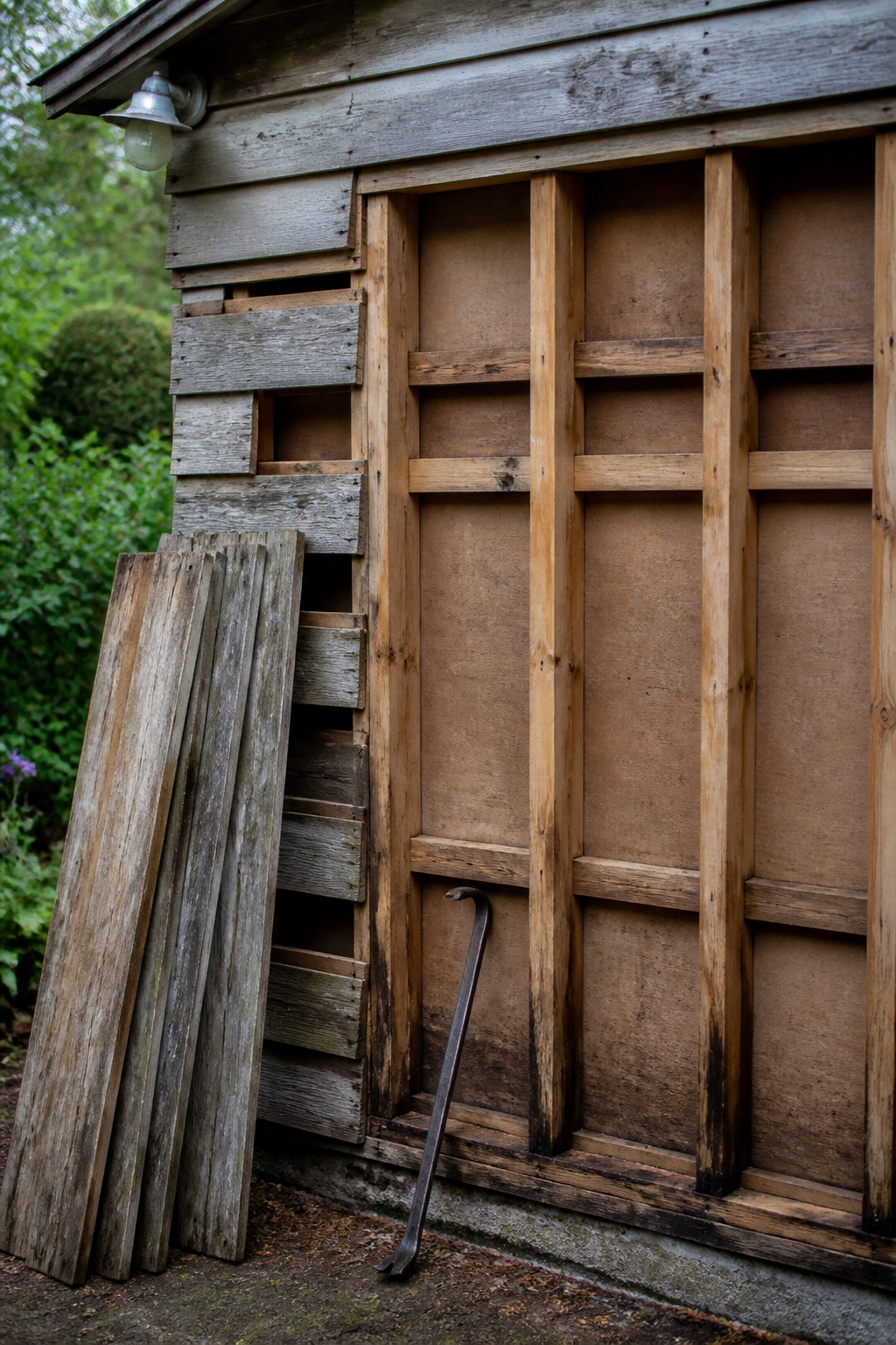 Existing garden shed with old siding partially removed, exposing 2x4 stud framing and moisture staining at the sole plate — the critical inspection point before any she shed conversion
