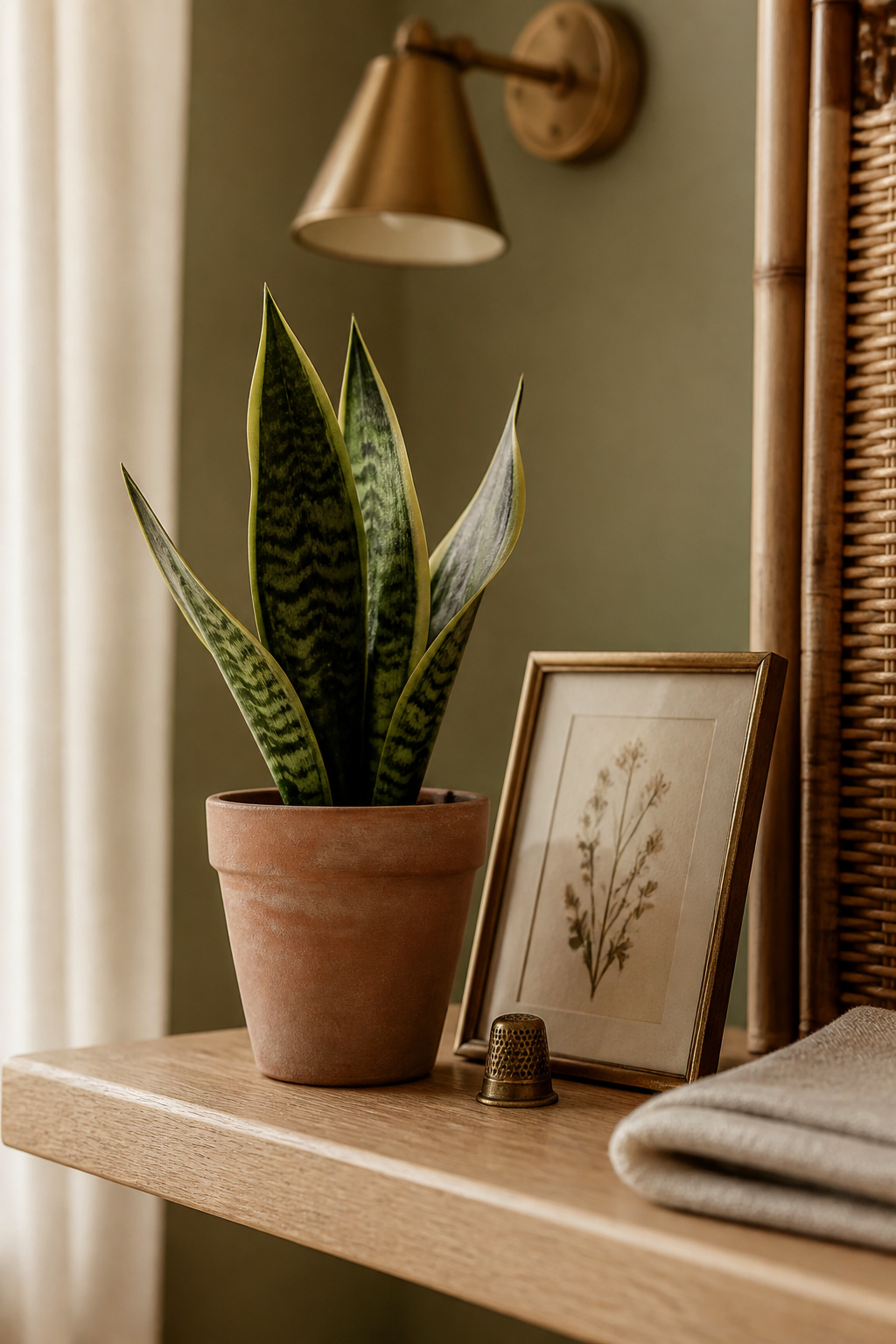 A snake plant in terracotta, a small leaning framed print, and one vintage object styled together on an open laundry shelf