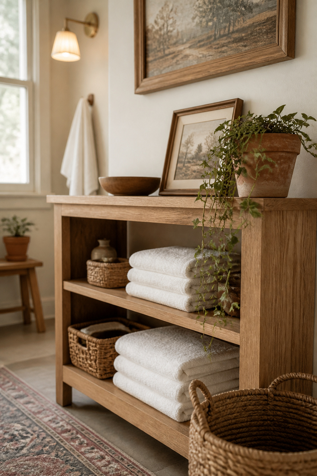 Open wood shelf styled with a small leaning framed print, folded towels, and a terracotta plant beneath a larger wall art piece