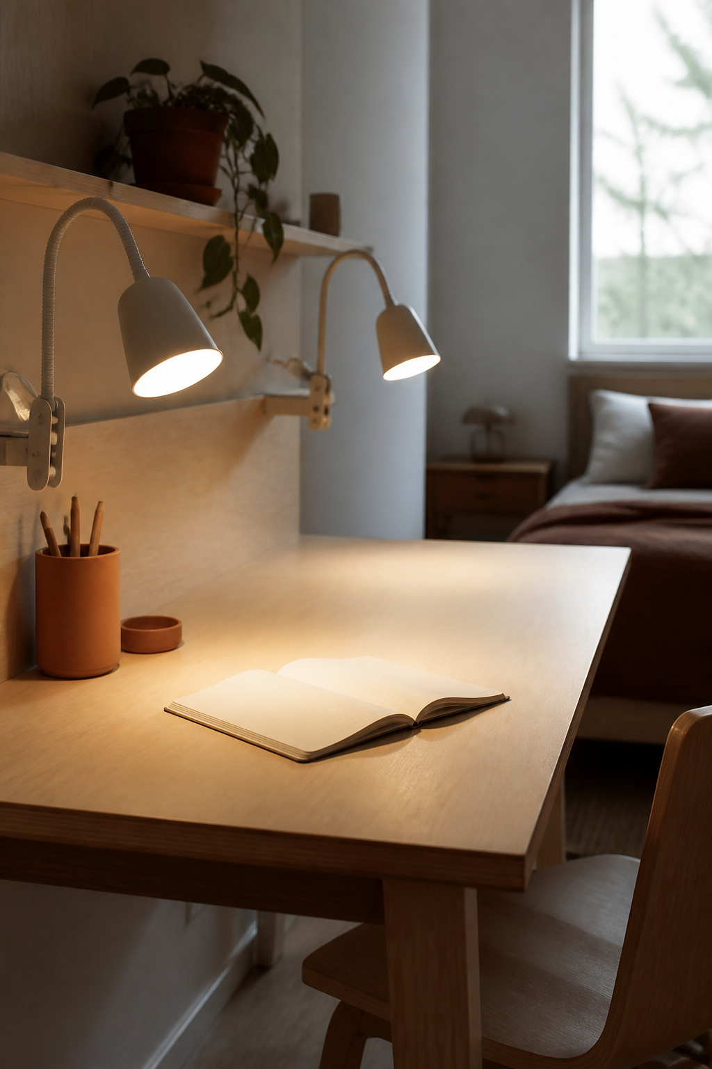 Two shielded gooseneck task lamps clamped to a shared desk, each lighting only its own work area while a made bed stays in shadow