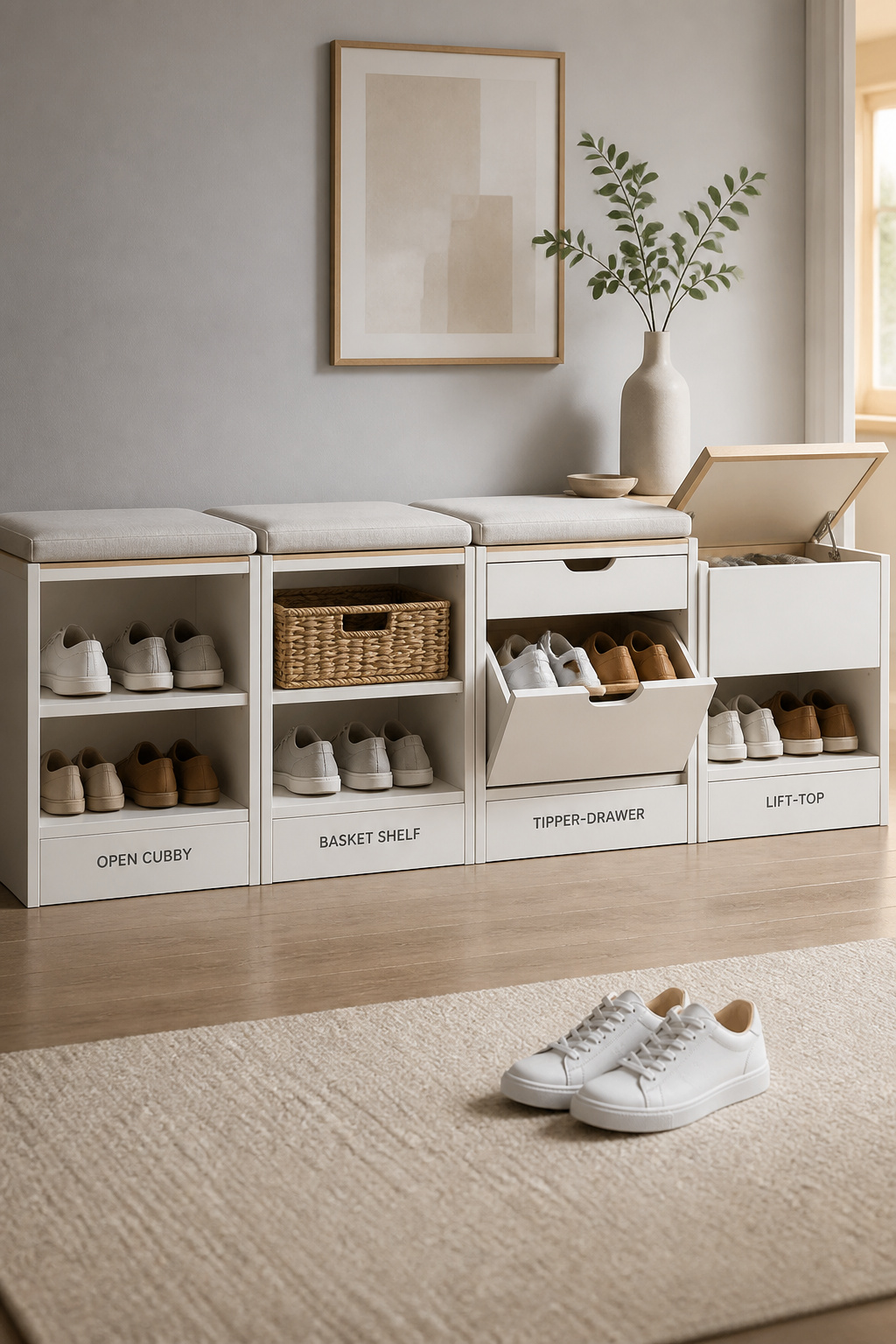 Four entryway bench storage types in comparison: open cubbies with shoes, woven basket shelf, tipper drawer closed, and lift-top bench with lid raised