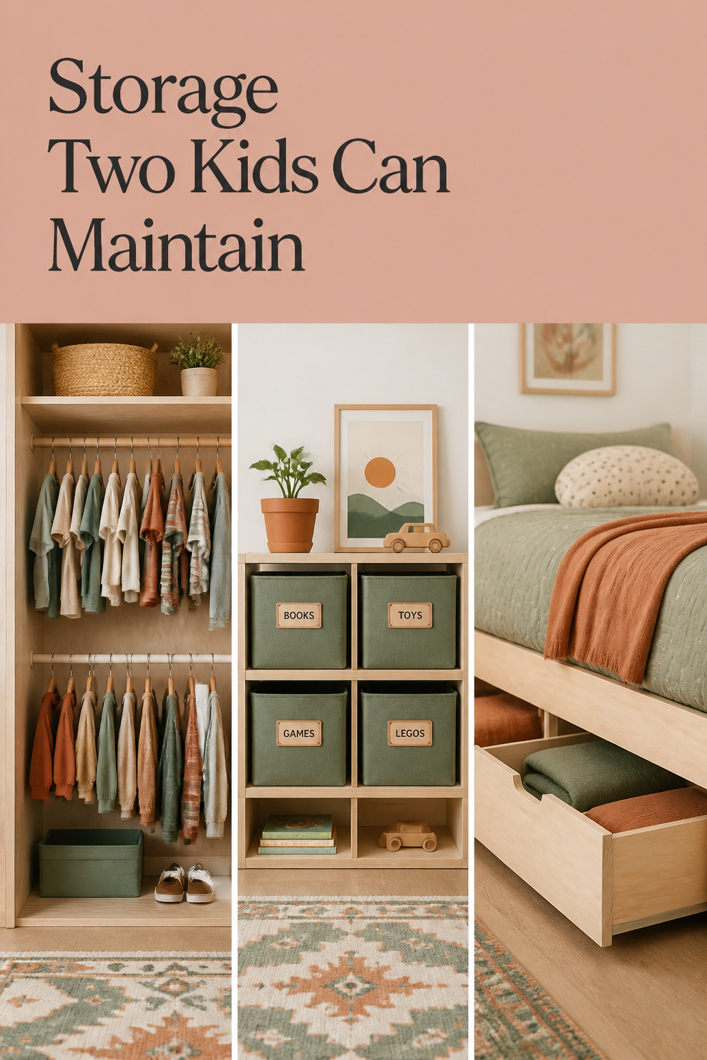 Pinterest pin showing a split closet, labeled fabric bins on a low shelf, and an under-bed drawer for a shared bedroom