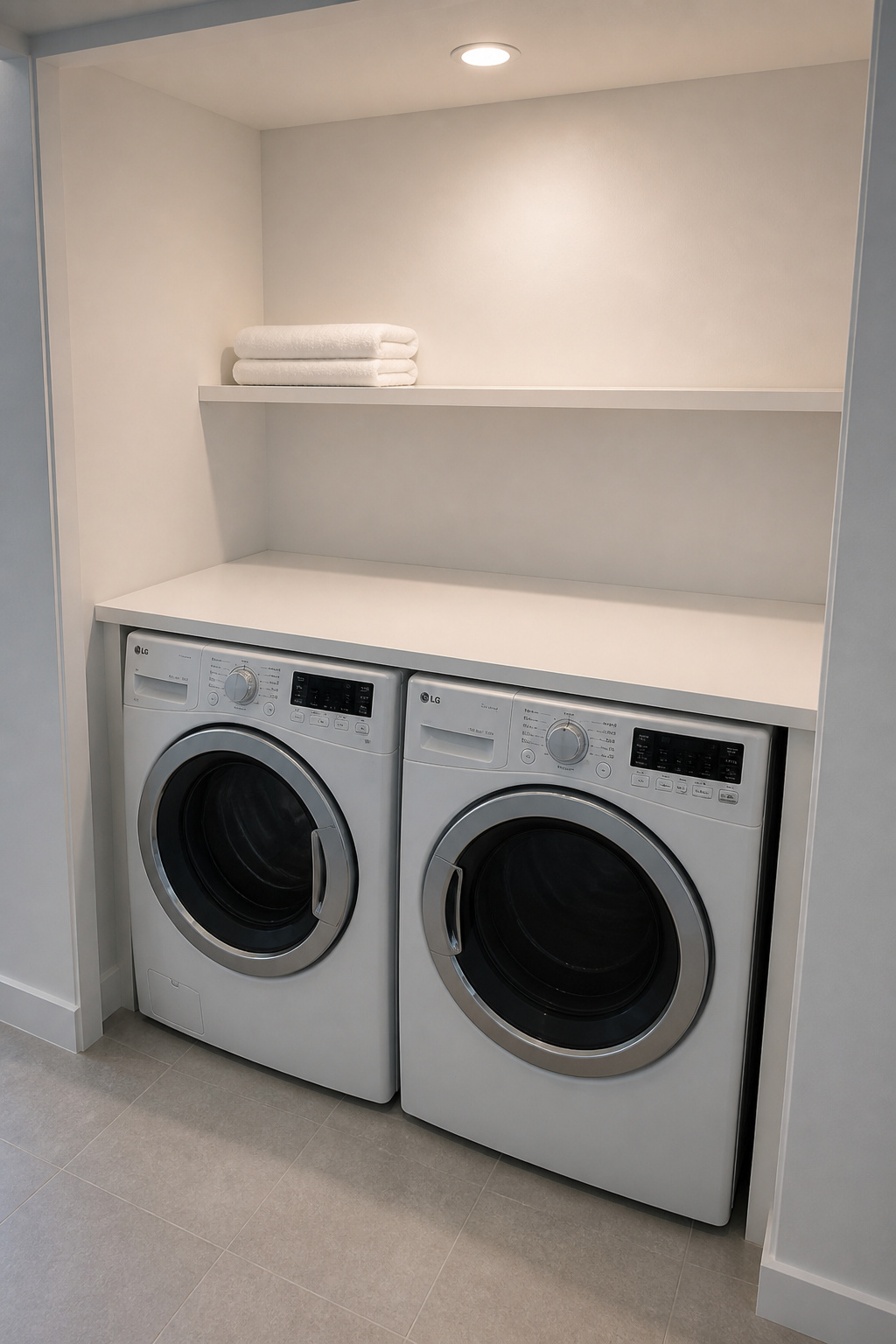 Two white front-load machines side by side in a 56-inch laundry alcove, their tops forming a continuous counter surface at 39 inches with a shelf above