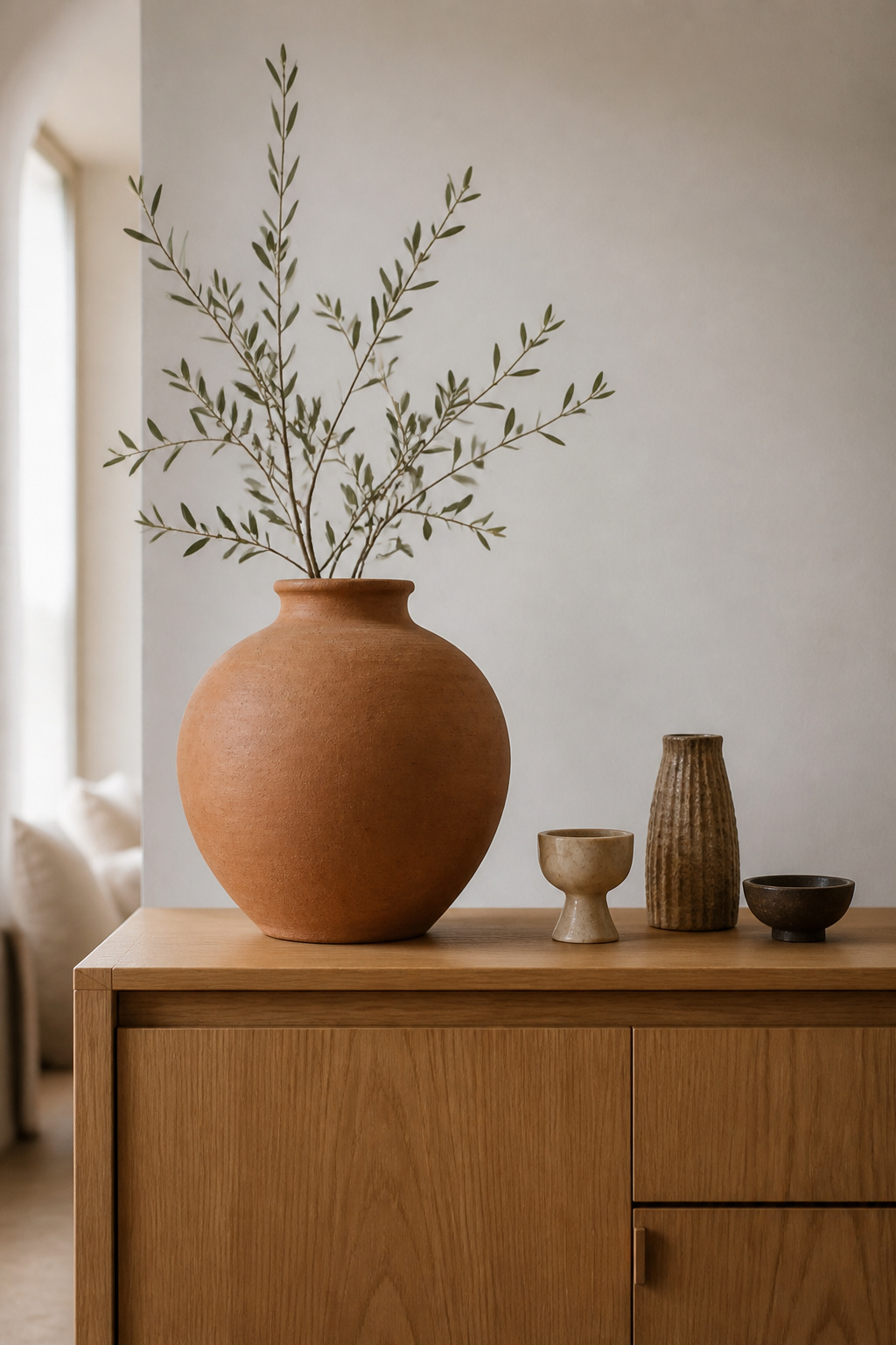Natural oak sideboard with a large terracotta vase as the dominant anchor piece, three smaller objects cascading to the right, and 35% of the surface clear — demonstrating how one anchor organises the composition