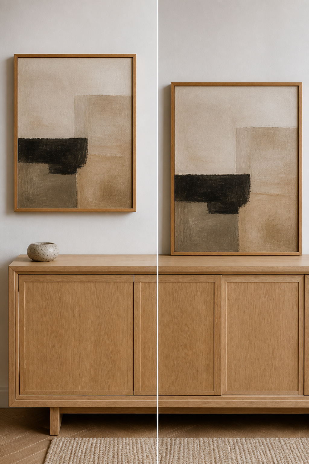 White oak sideboard with two versions of artwork hanging — left showing art floating 14 inches too high above the surface, right showing the correct 5-inch gap that visually connects art to furniture