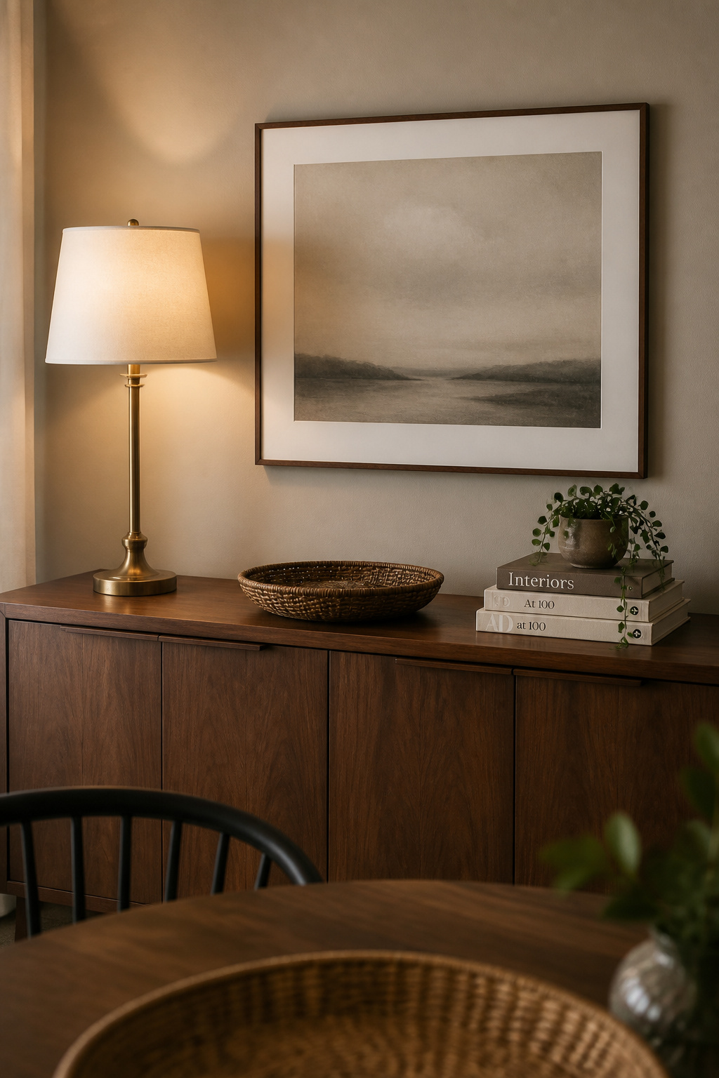 Walnut sideboard styled with all six checklist elements correct — brass lamp anchor, varied height zones, 35% negative space, and art hanging at the correct 5-inch gap spanning two-thirds of the furniture width