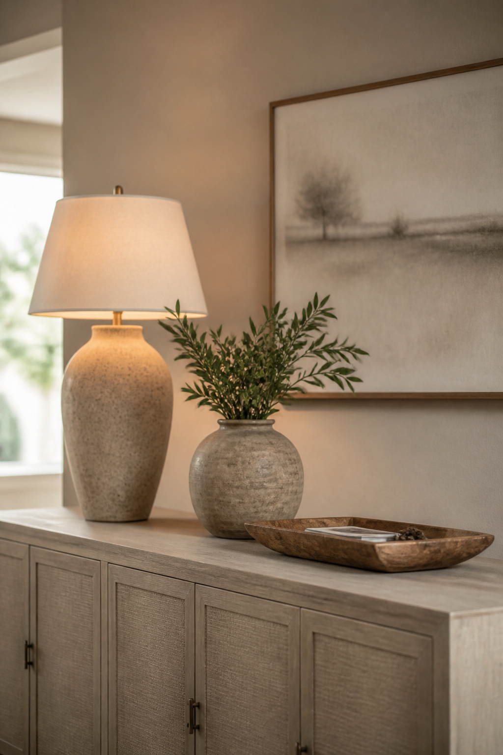 A sideboard styled with three height tiers — a tall lamp at back, a medium vase at mid-height, and a low tray at front — demonstrating the rule of three and height-layering principles