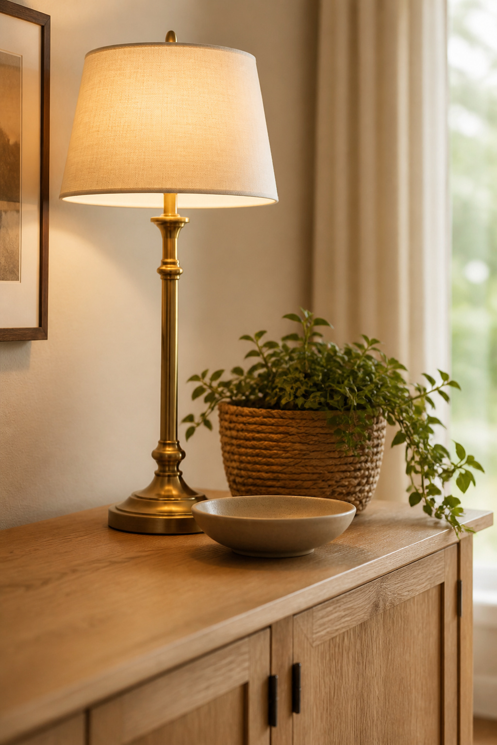 Light oak sideboard showing a corrected three-tier height arrangement — a brass buffet lamp at tall zone left, woven basket and plant at mid zone right, and a low ceramic bowl at front edge