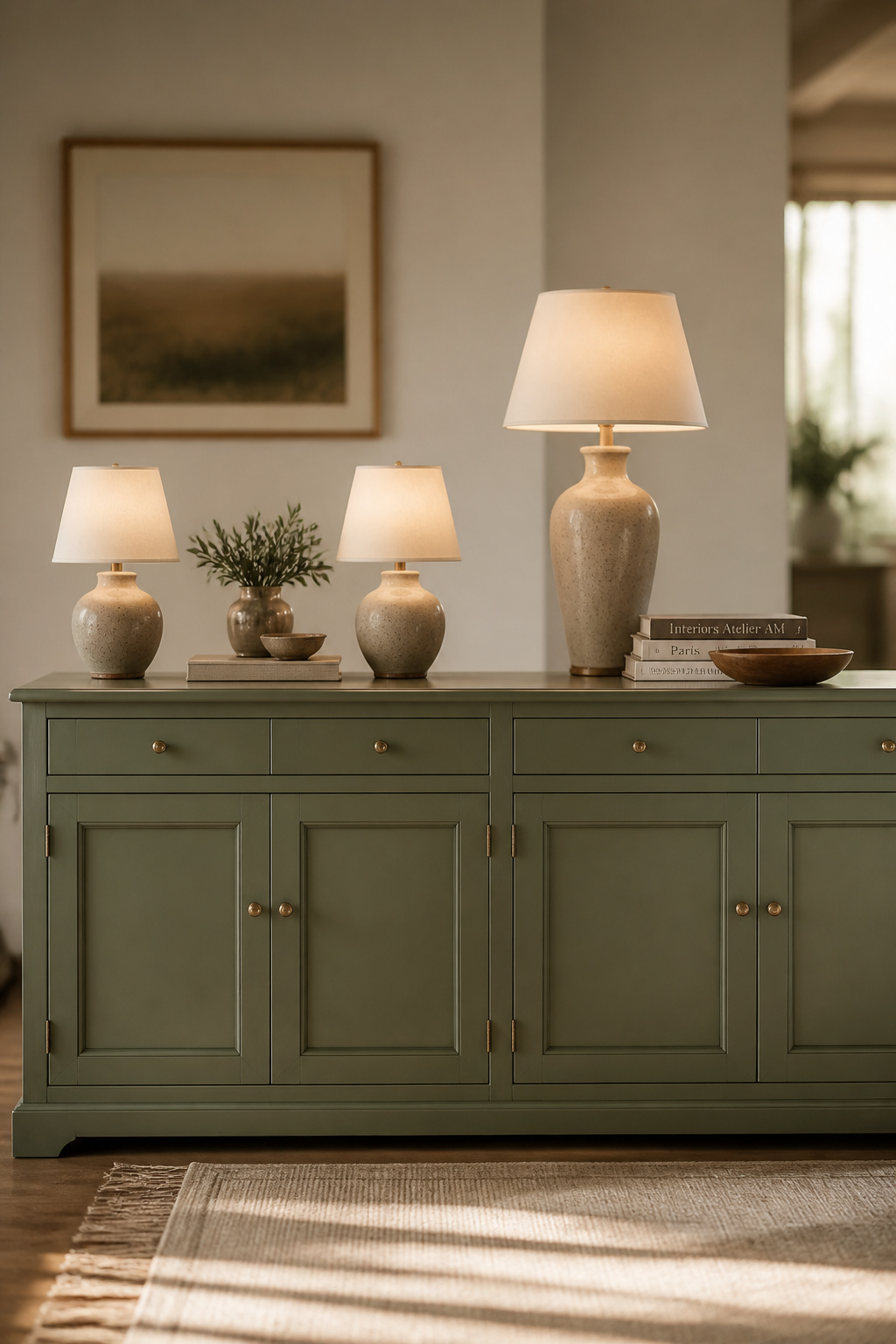 Sage-green sideboard split into two halves — left showing accidental mirror-image symmetry with two identical lamps, right showing intentional asymmetry with varied height and shape while maintaining visual balance