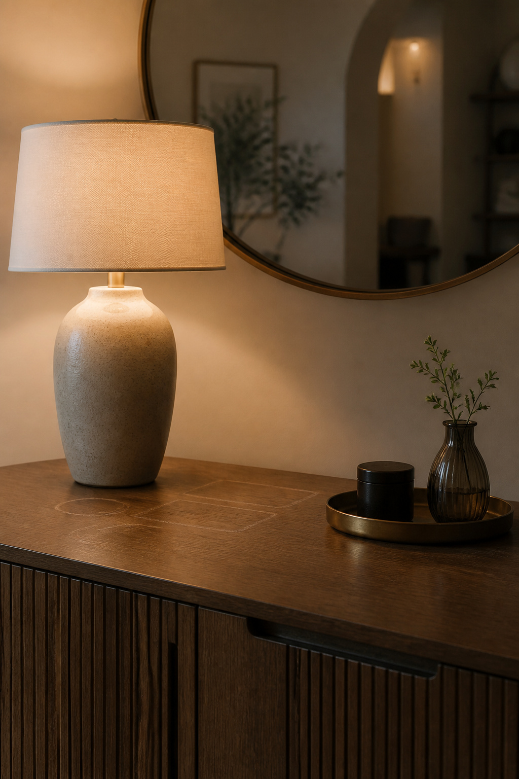A sideboard surface showing a corrected arrangement with deliberate negative space, one tall lamp, and a small grouped tray — illustrating the subtraction principle