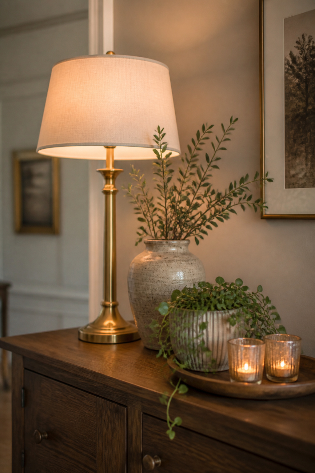 A sideboard surface styled with four object categories: a brass lamp, stoneware vase, small potted plant, and a wooden tray with votives